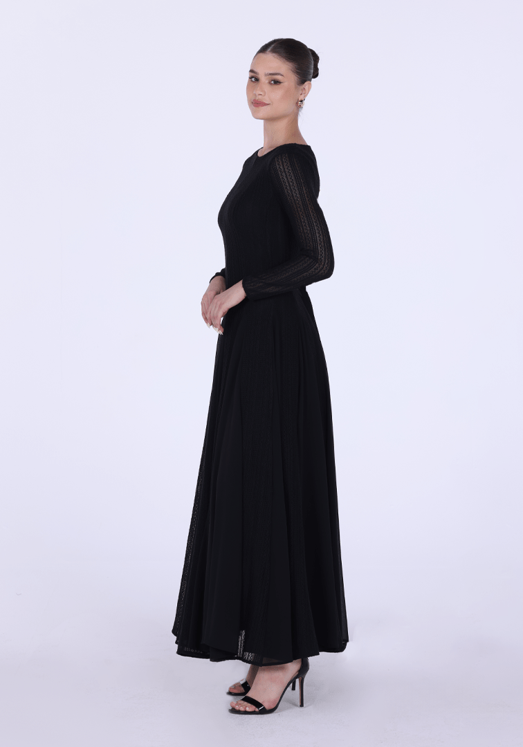 Long Sleeve Pleats Aline Skirt Maxi Dress - shopaleena