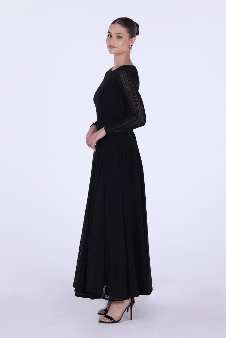 Long Sleeve Pleats Aline Skirt Maxi Dress - shopaleena