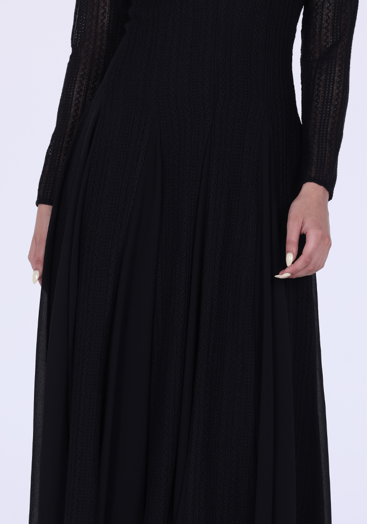 Long Sleeve Pleats Aline Skirt Maxi Dress - shopaleena