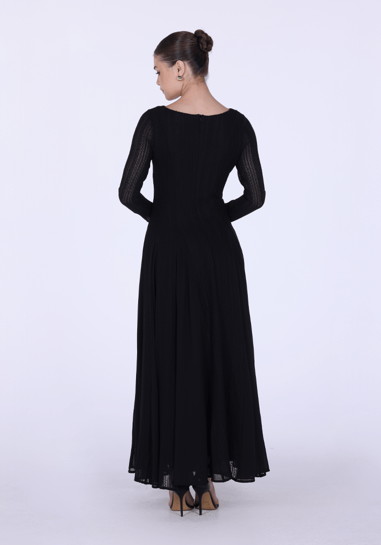 Long Sleeve Pleats Aline Skirt Maxi Dress - shopaleena