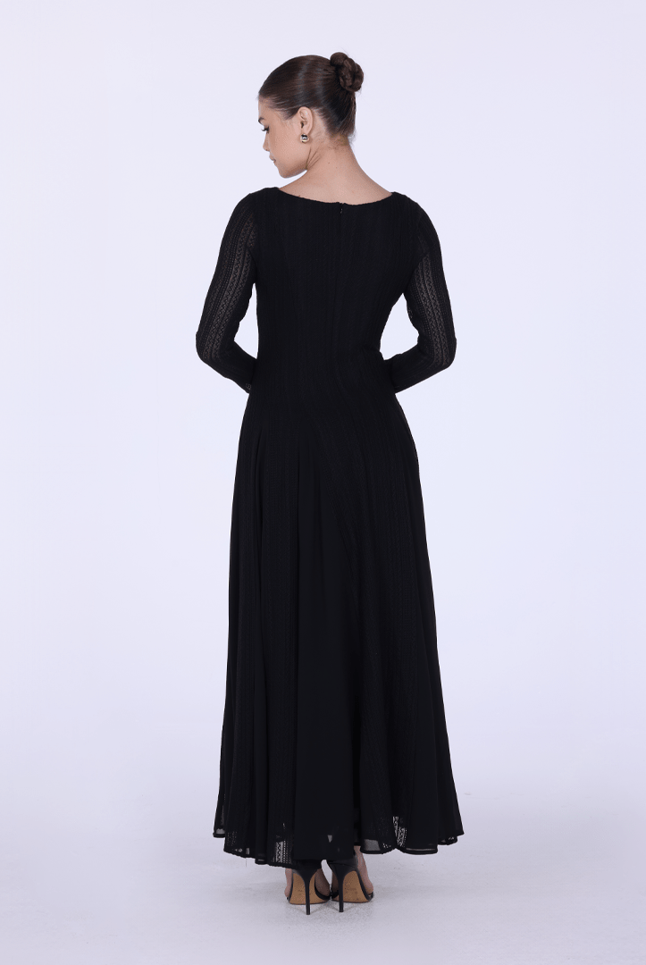 Long Sleeve Pleats Aline Skirt Maxi Dress - shopaleena