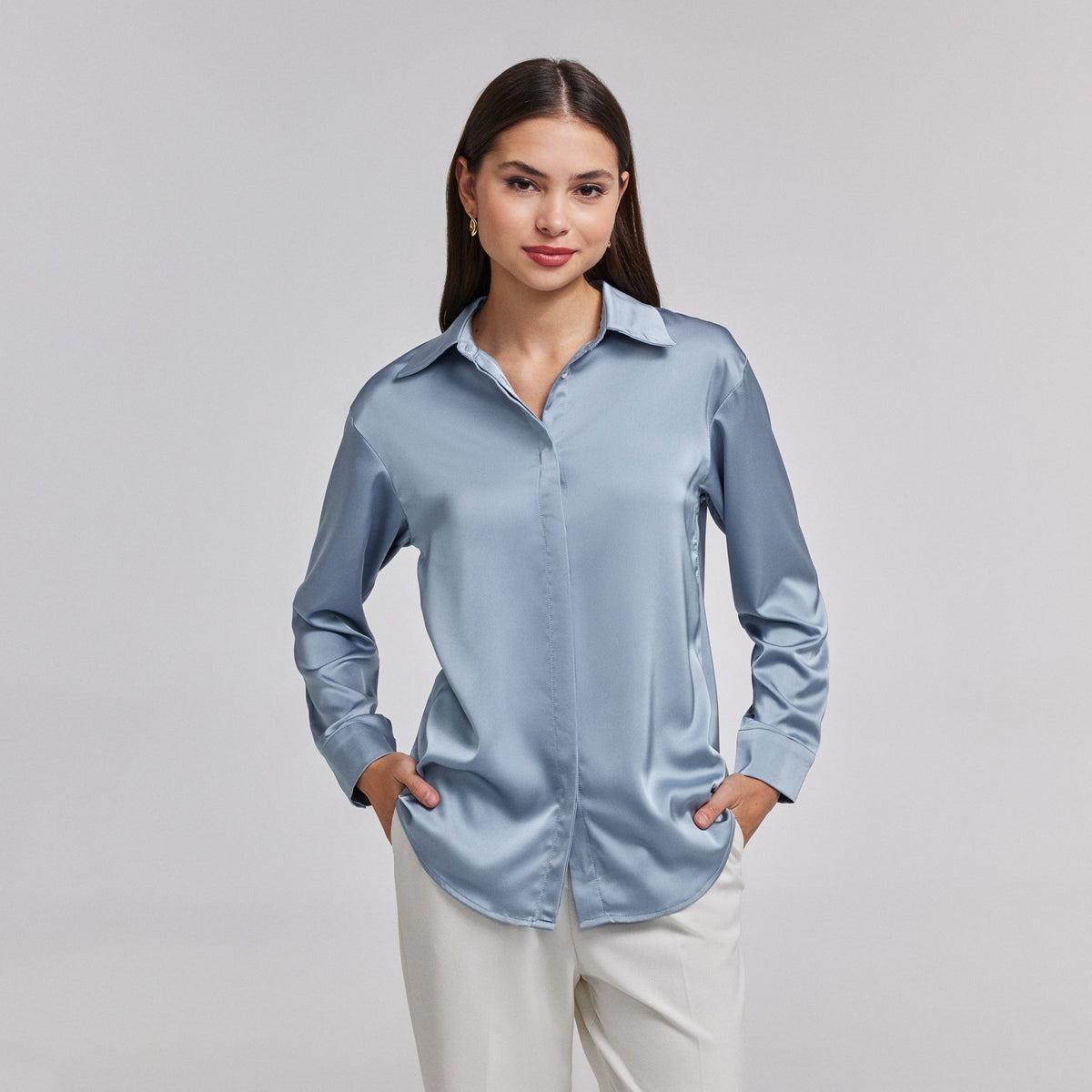 Black satin-effect long-sleeved shirt