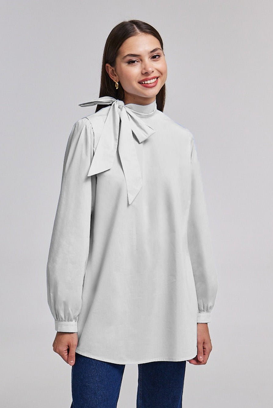 Long Sleeve Tunic Top With Tie Neck - shopaleena