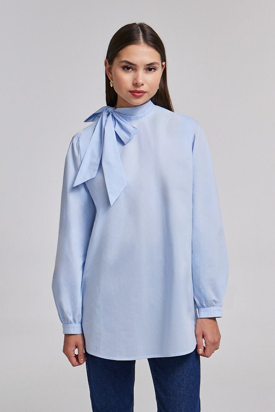 Long Sleeve Tunic Top With Tie Neck - shopaleena