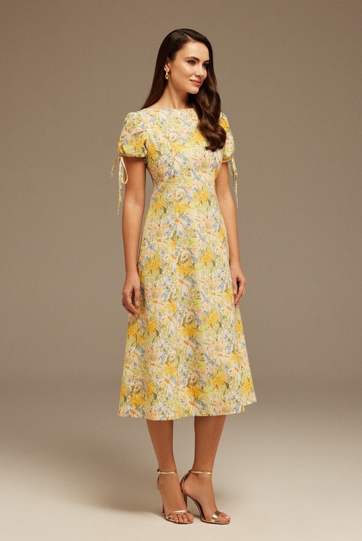 Midi Printed Dress with Puff Sleeves - shopaleena