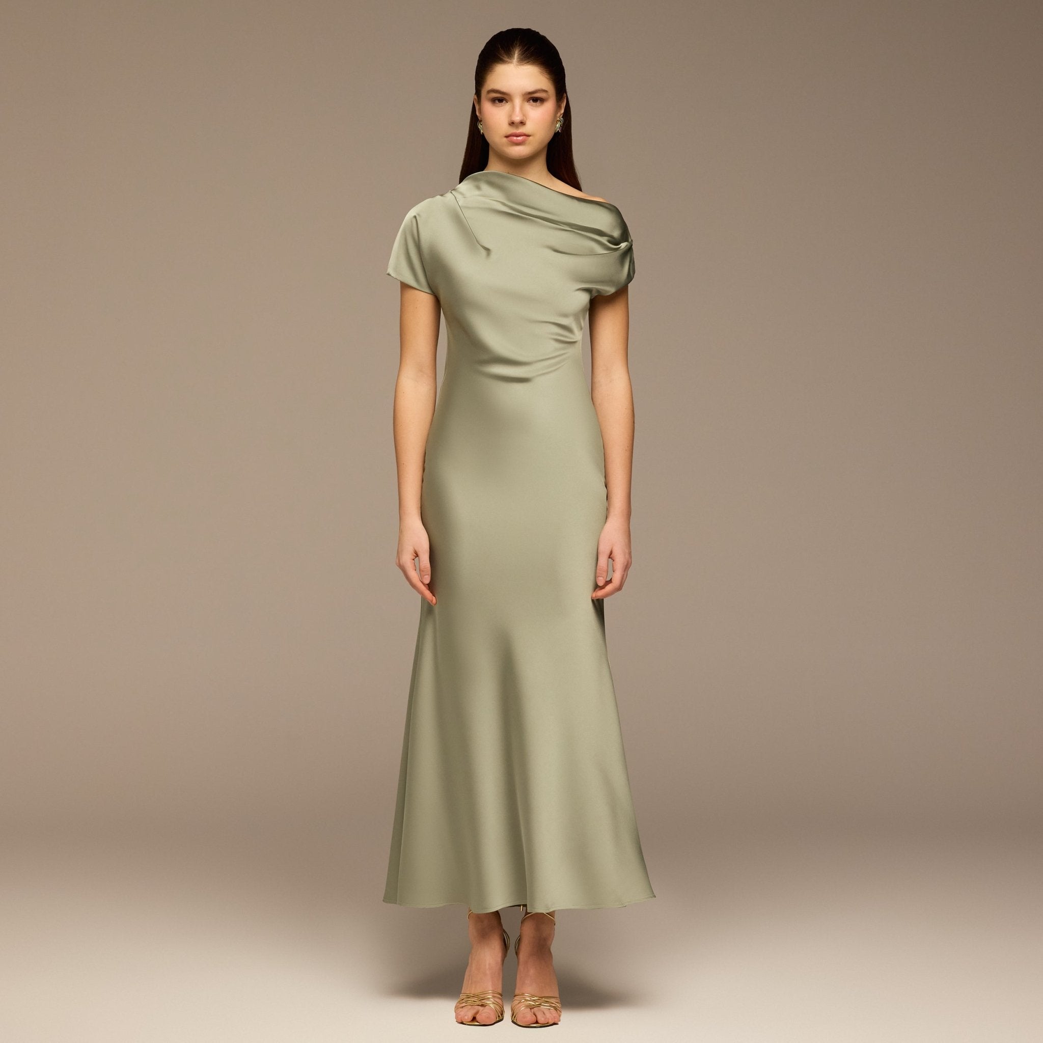 Mint Green Draped Neckline Satin Maxi Dress - shopaleena