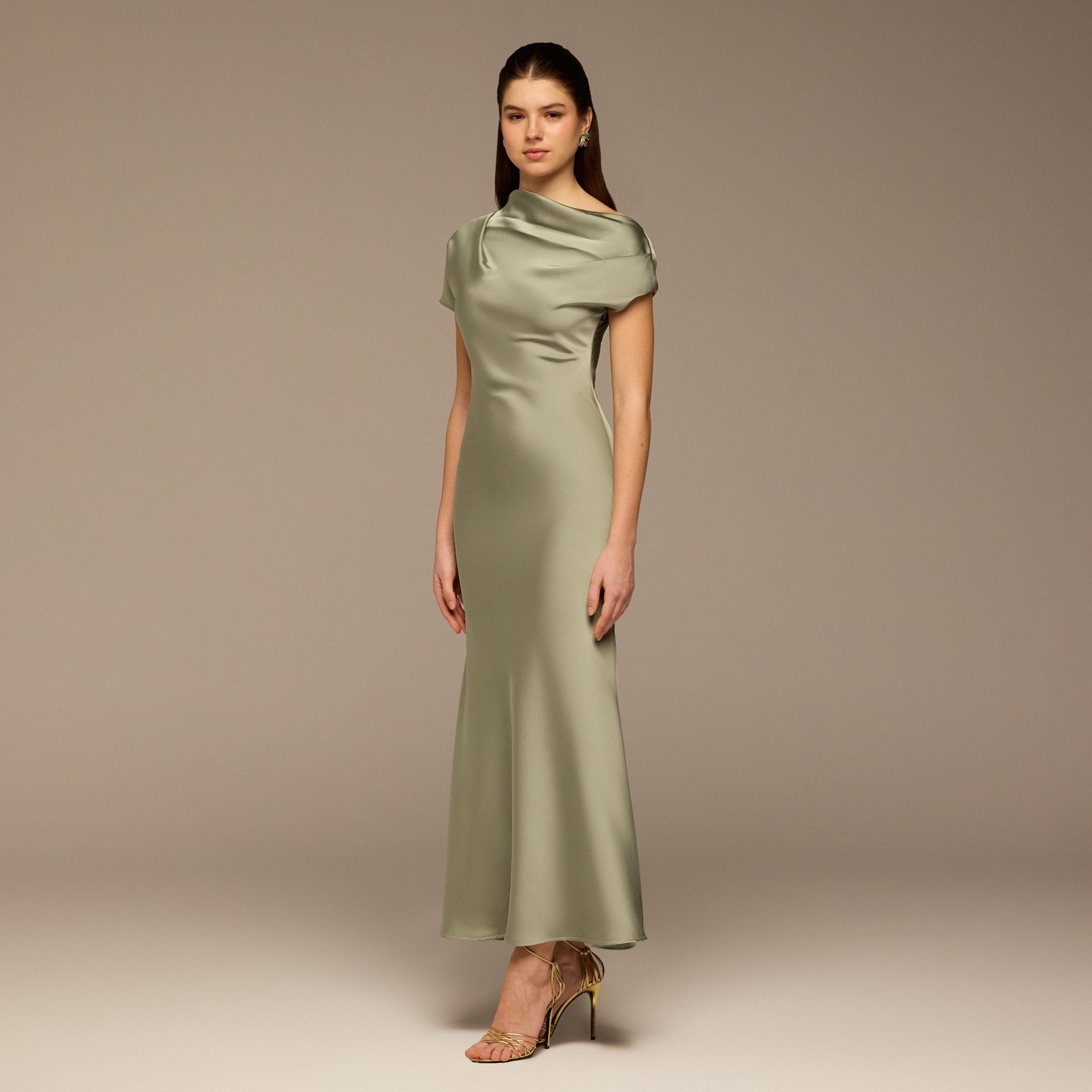 Mint Green Draped Neckline Satin Maxi Dress - shopaleena