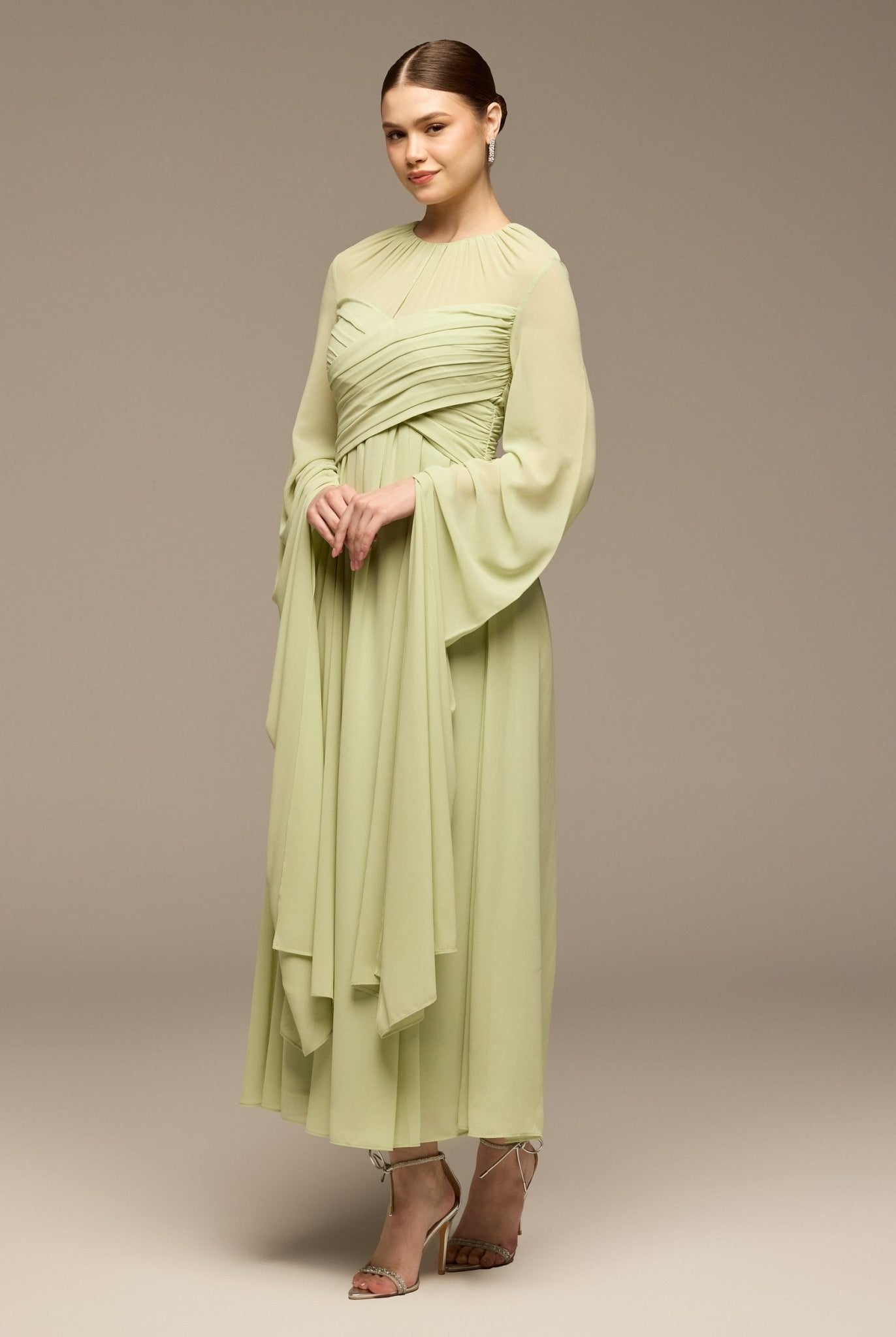 Mint Green Round Gathered - Neck Chiffon Maxi Dress - shopaleena