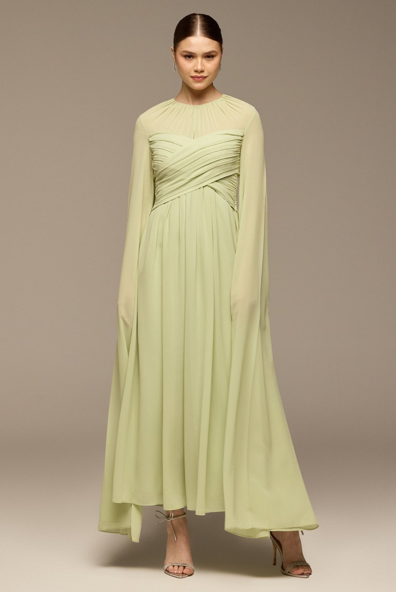 Mint Green Round Gathered - Neck Chiffon Maxi Dress - shopaleena