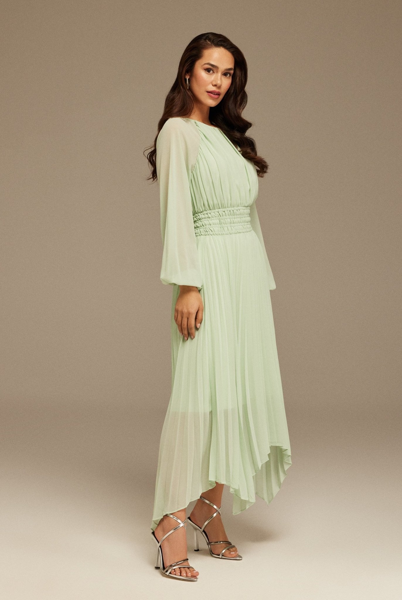 Mint Green Ruched top long sleeve Chiffon Midi Dress - shopaleena