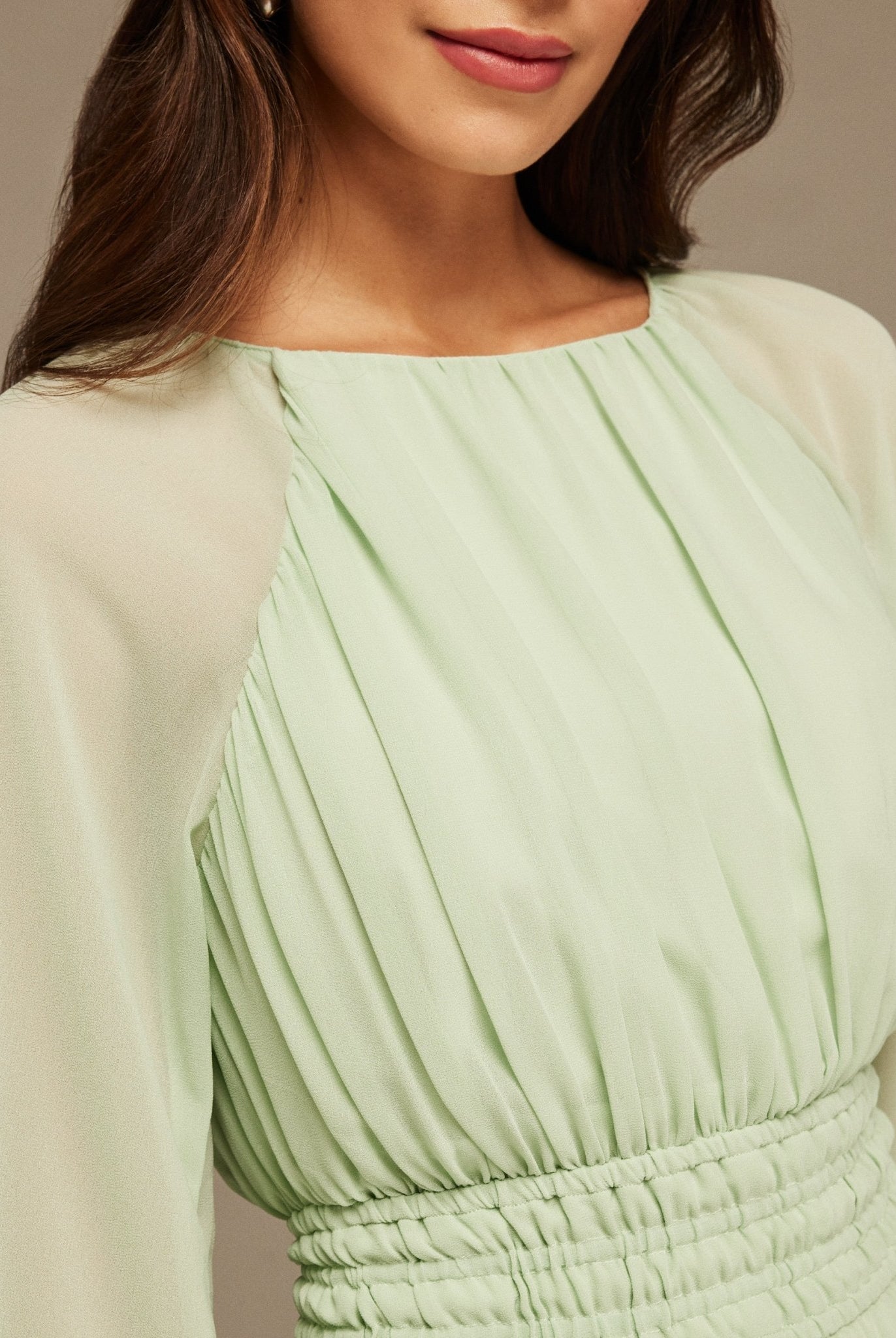 Mint Green Ruched top long sleeve Chiffon Midi Dress - shopaleena