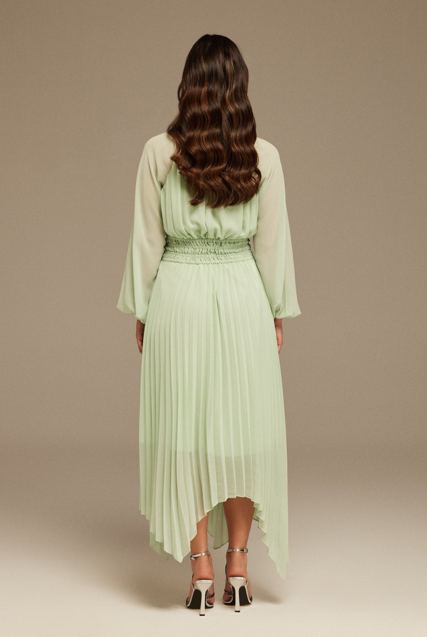 Mint Green Ruched top long sleeve Chiffon Midi Dress - shopaleena