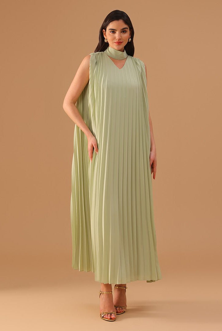 Mint Green Sleeveless Chiffon Pleated Dress - shopaleena
