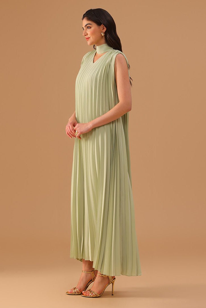 Mint Green Sleeveless Chiffon Pleated Dress - shopaleena