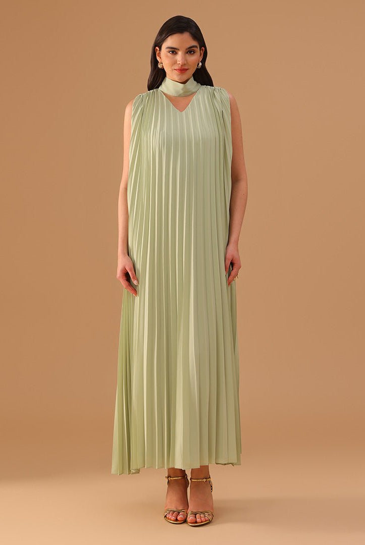 Mint Green Sleeveless Chiffon Pleated Dress - shopaleena