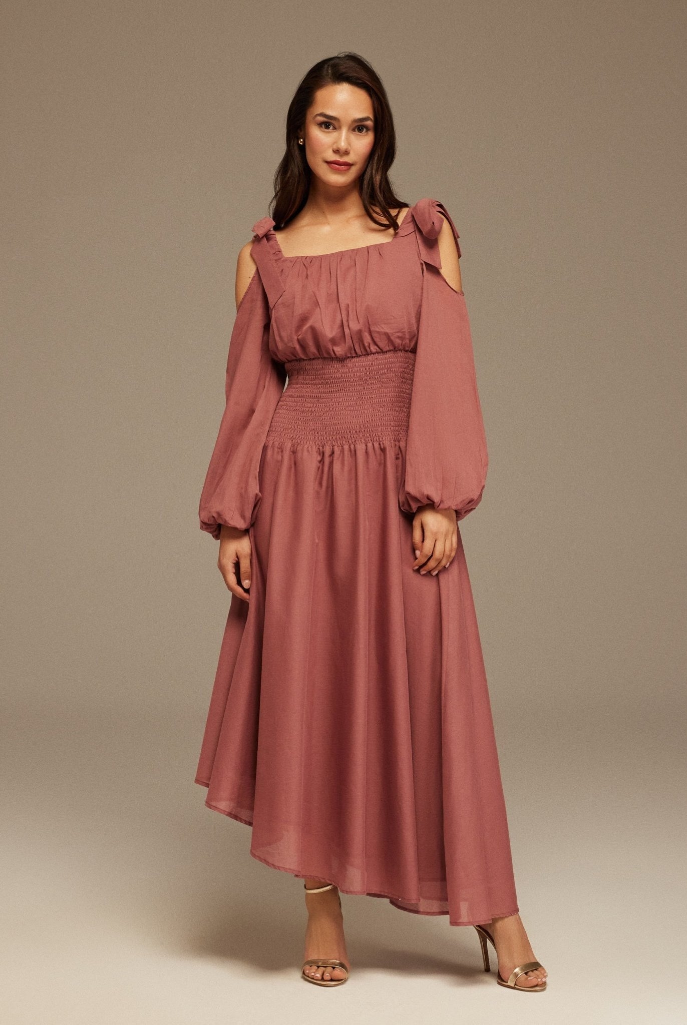 Muted Clay Balloon Long Sleeve With Ruched Waist Midi Dress - shopaleena