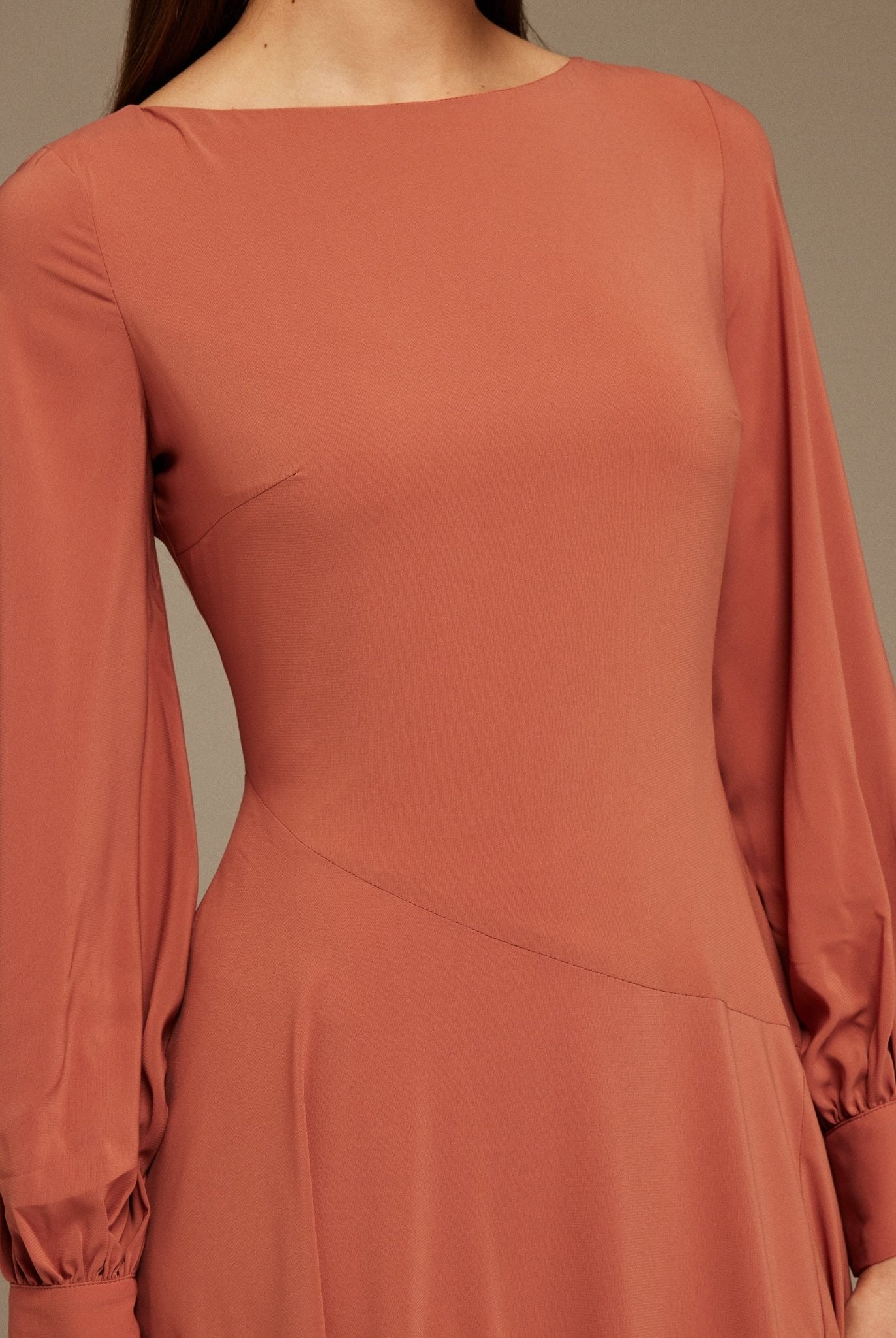 Muted Clay Boat Neckline Long Sleeve Chiffon Dress - shopaleena