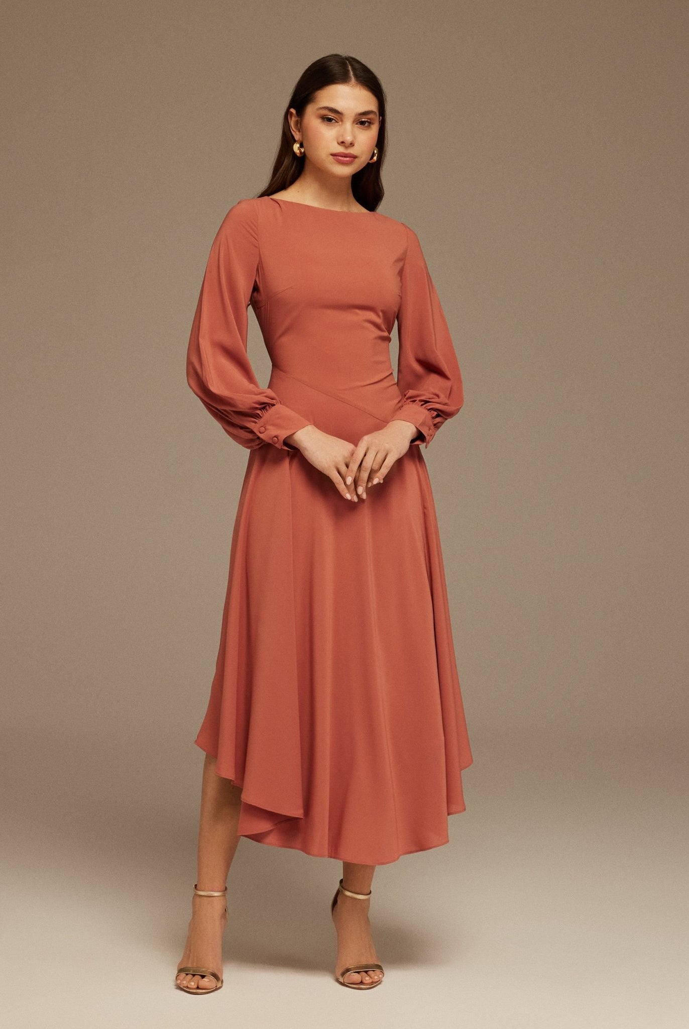Muted Clay Boat Neckline Long Sleeve Chiffon Dress - shopaleena