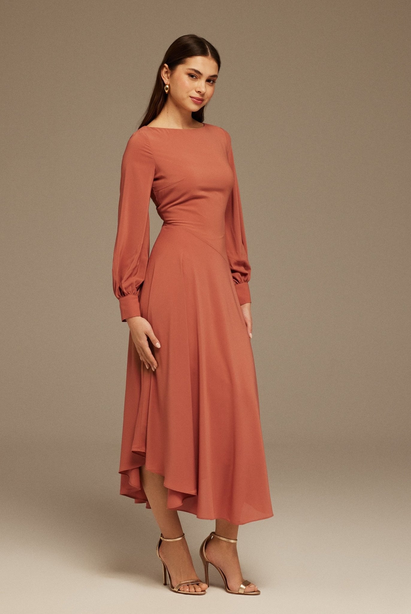 Muted Clay Boat Neckline Long Sleeve Chiffon Dress - shopaleena