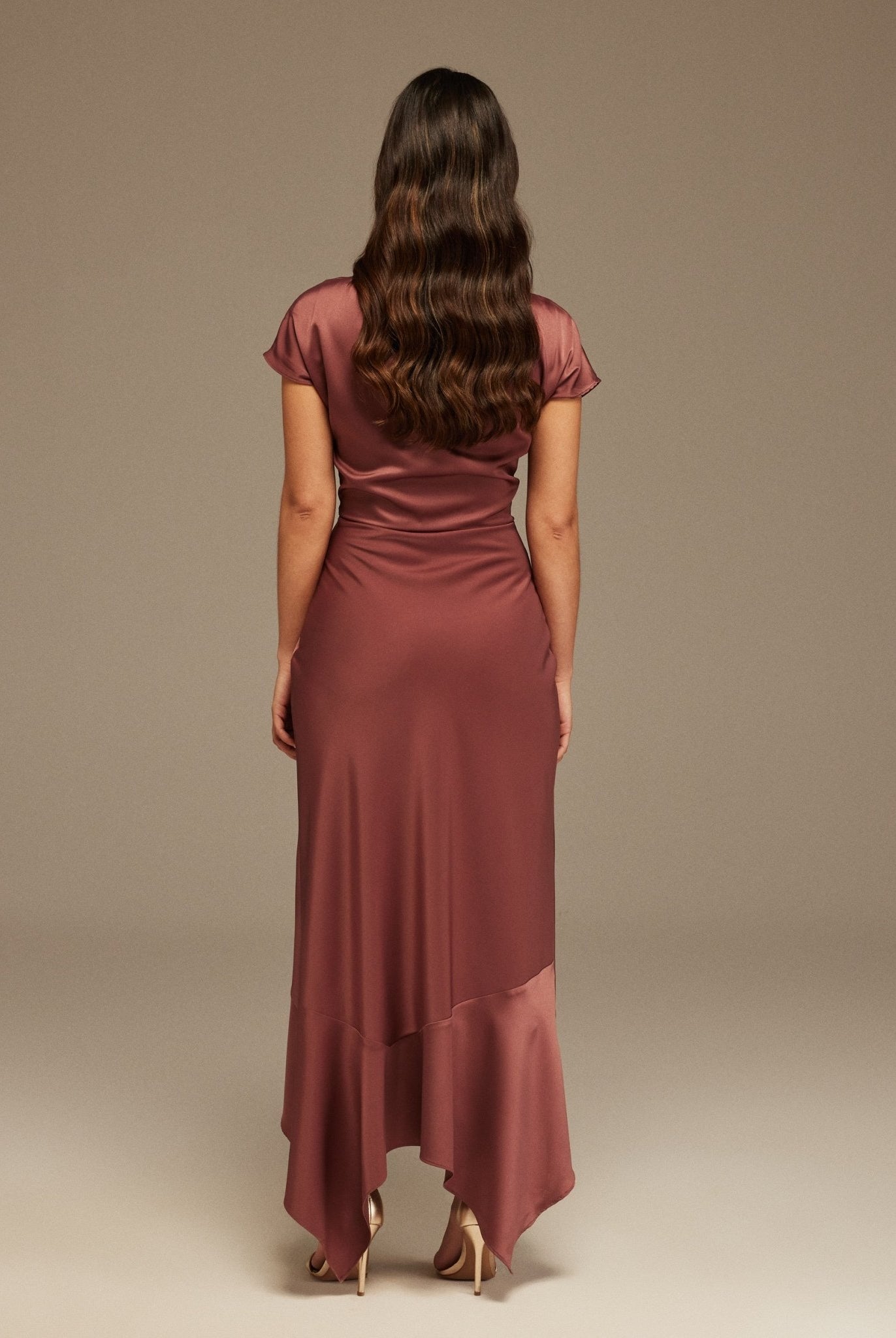 Muted Clay Dropped Sleeve Asymmetric Midi Dress - shopaleena