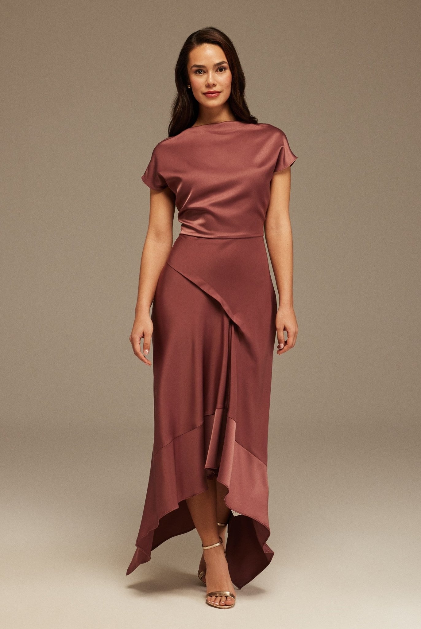 Muted Clay Dropped Sleeve Asymmetric Midi Dress - shopaleena