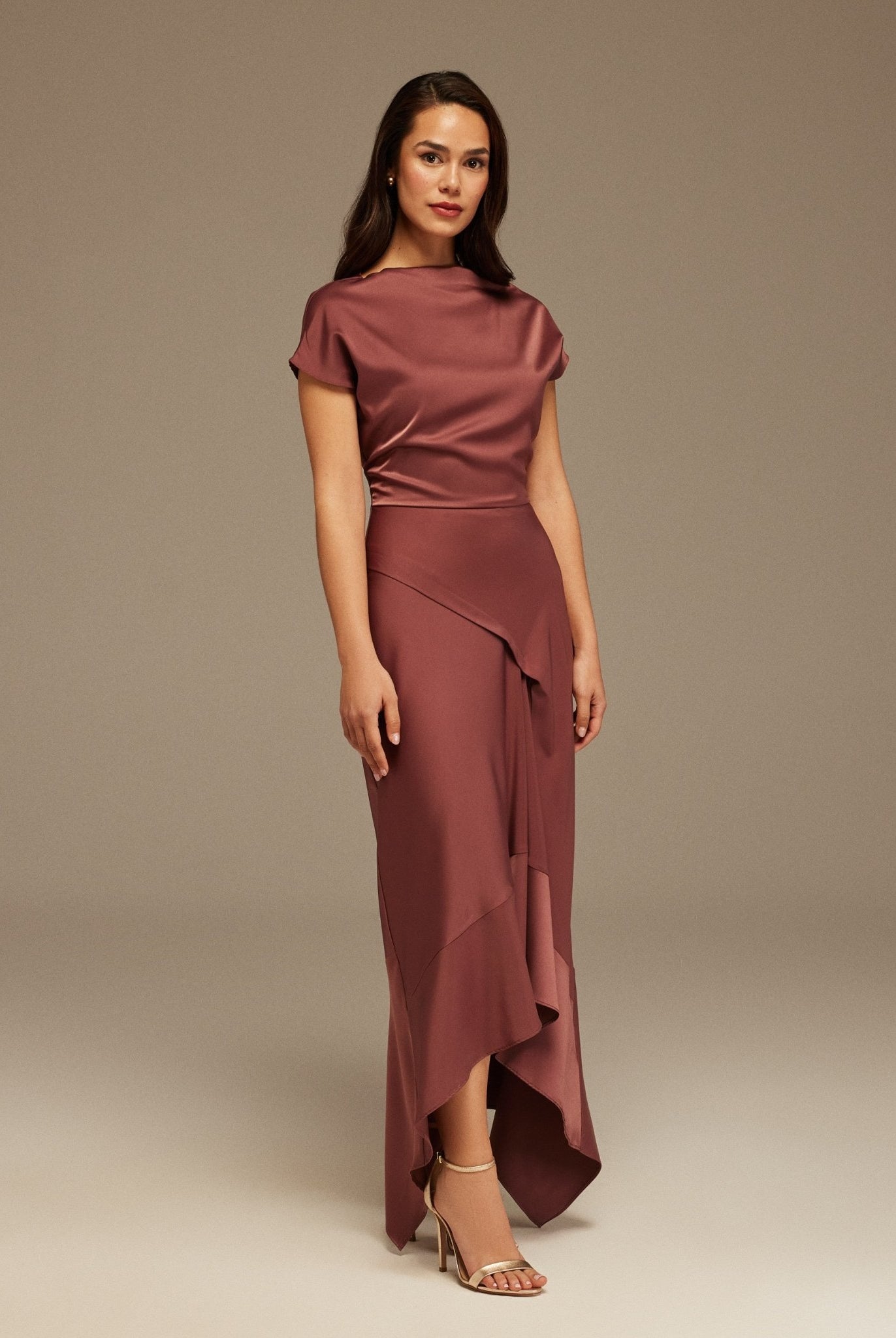 Muted Clay Dropped Sleeve Asymmetric Midi Dress - shopaleena