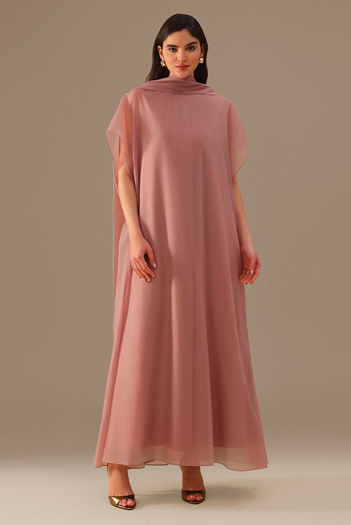 Muted Clay Halter Neckline Maxi Dress With Cape with scarf - shopaleena
