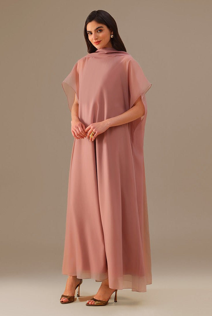 Muted Clay Halter Neckline Maxi Dress With Cape with scarf - shopaleena