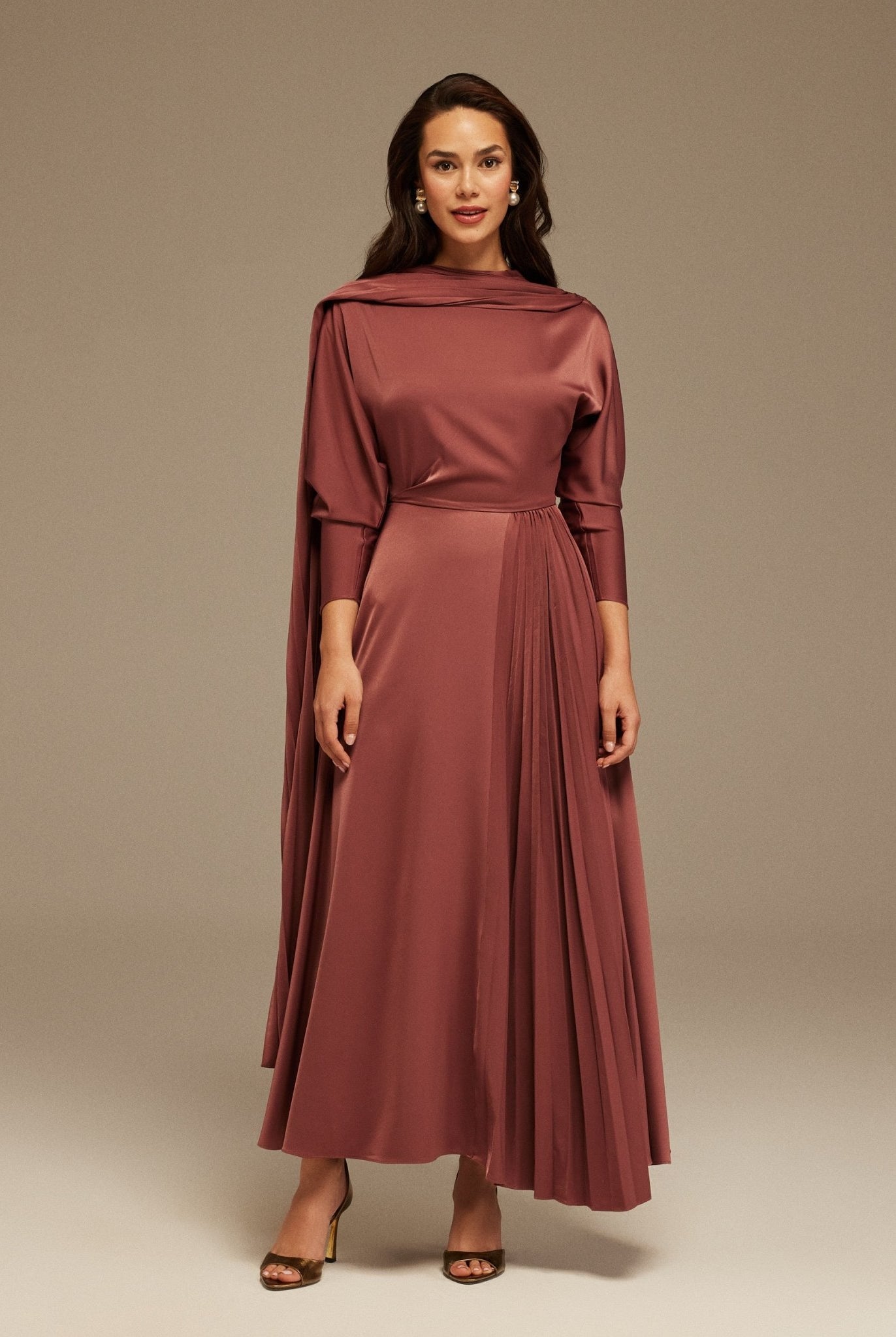 Muted Clay Long Sleeve Midi Dress With Scarf - shopaleena