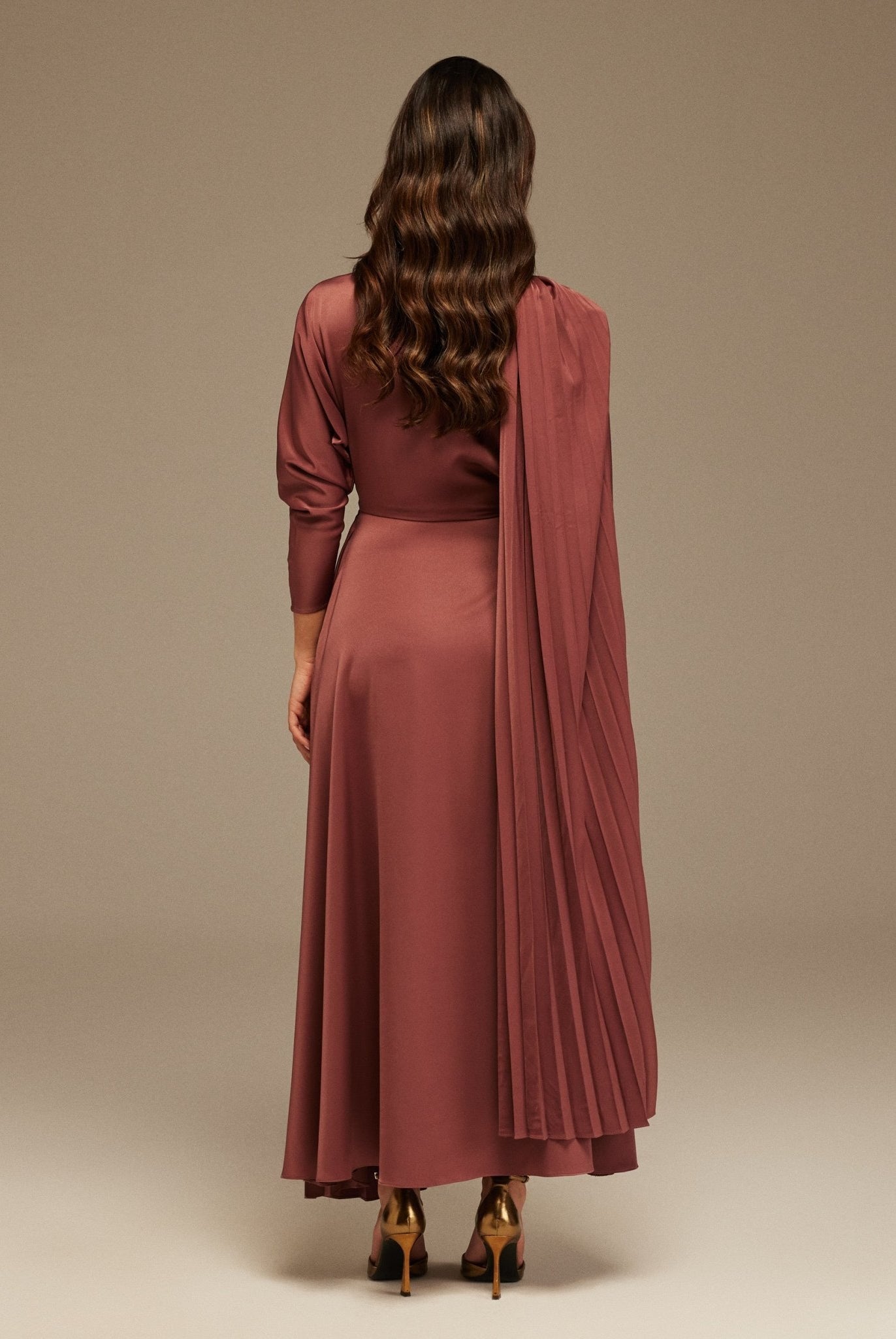 Muted Clay Long Sleeve Midi Dress With Scarf - shopaleena