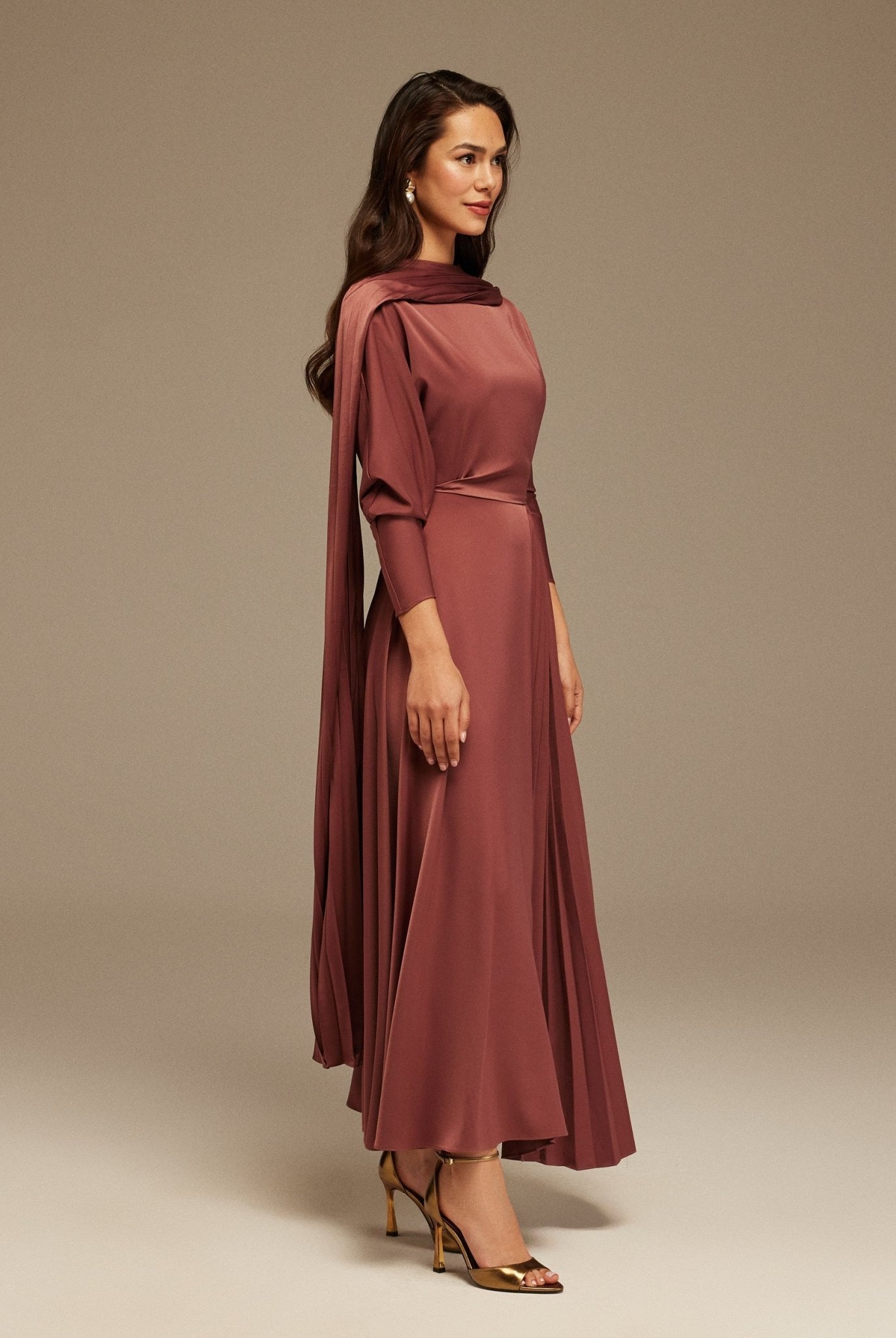 Muted Clay Long Sleeve Midi Dress With Scarf - shopaleena