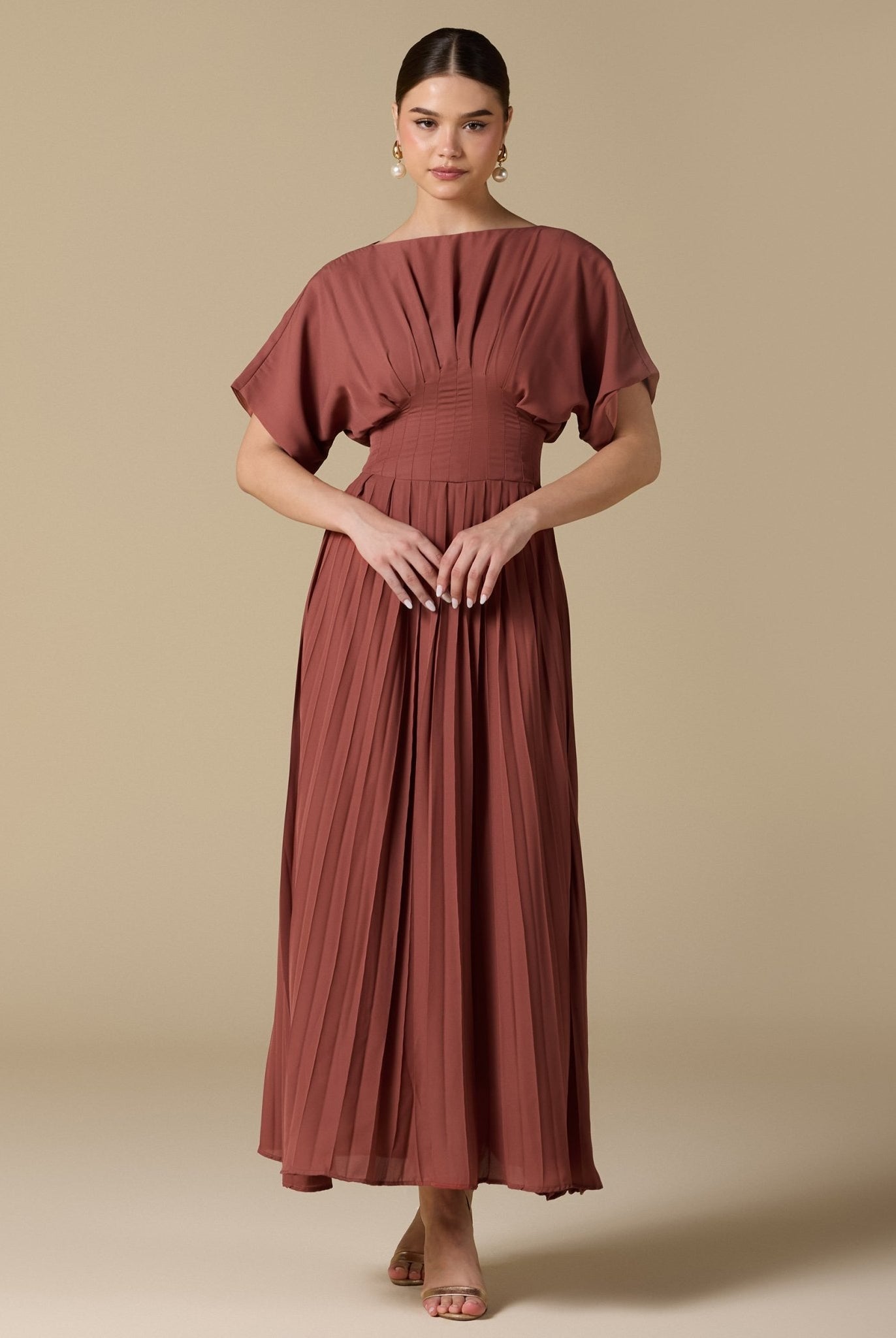 Muted Clay Short Sleeve Maxi Dress With Pleated Skirt - shopaleena