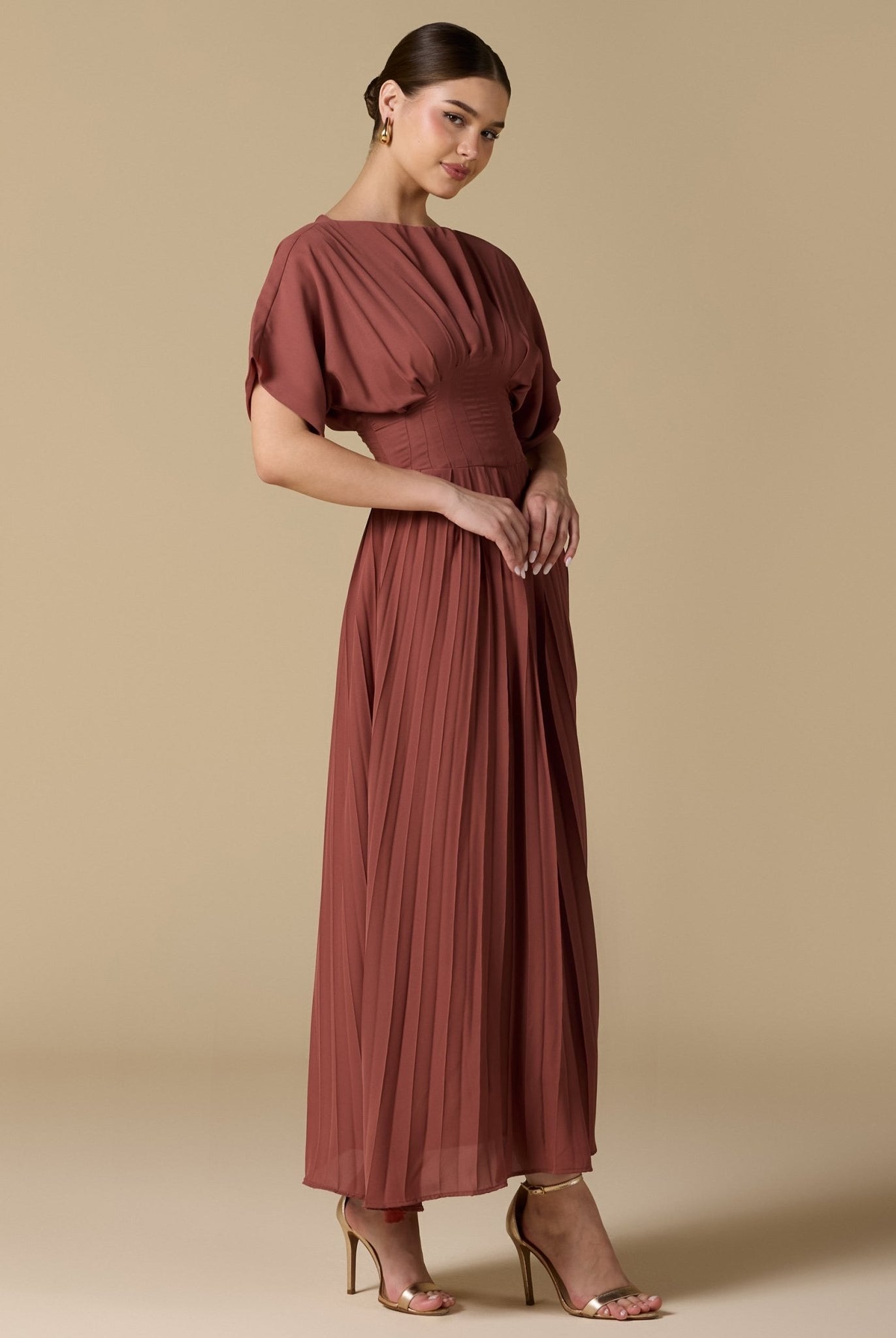 Muted Clay Short Sleeve Maxi Dress With Pleated Skirt - shopaleena