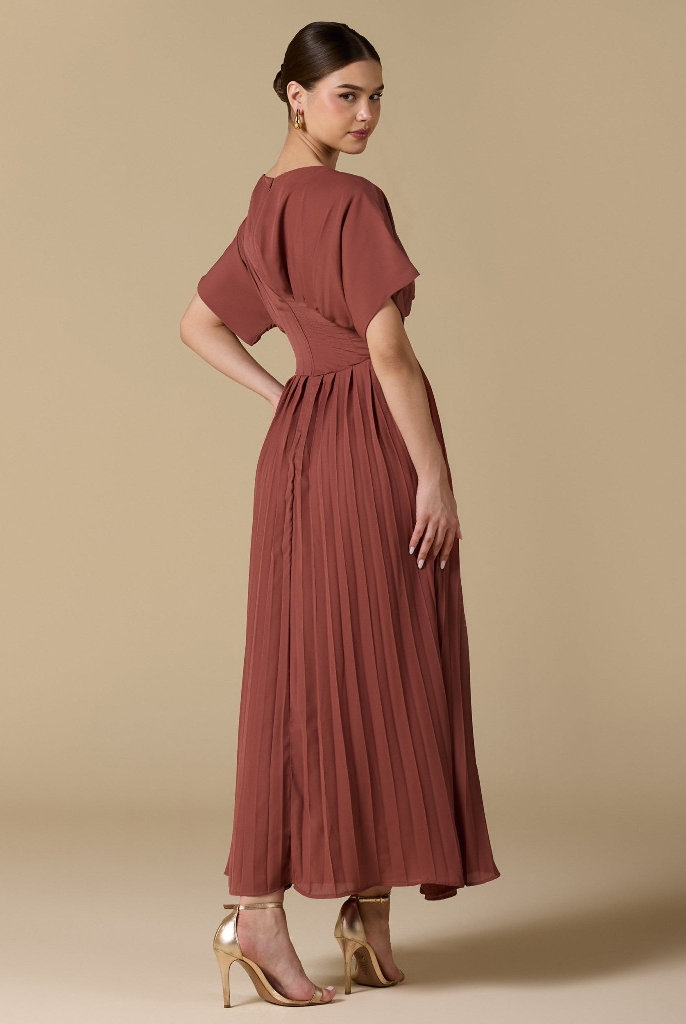 Muted Clay Short Sleeve Maxi Dress With Pleated Skirt - shopaleena