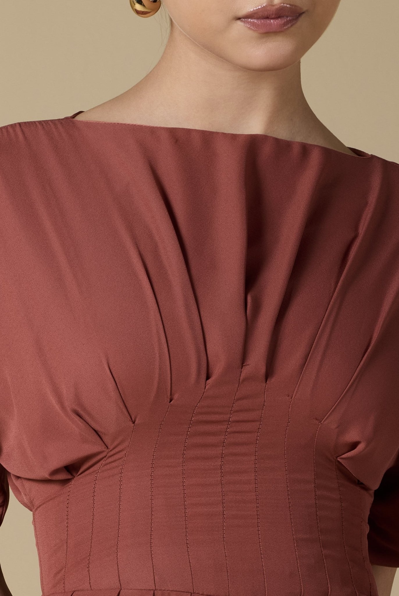 Muted Clay Short Sleeve Maxi Dress With Pleated Skirt - shopaleena