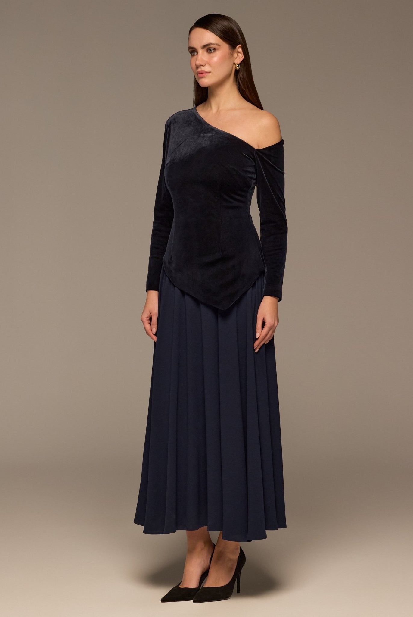 Navy Asymmetric Velvet and Crepe A - Line Dress - shopaleena