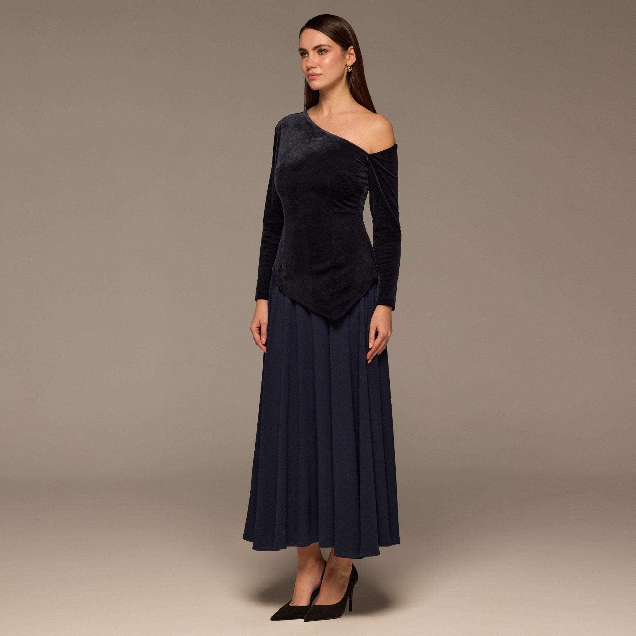 Navy Asymmetric Velvet and Crepe A - Line Dress - shopaleena