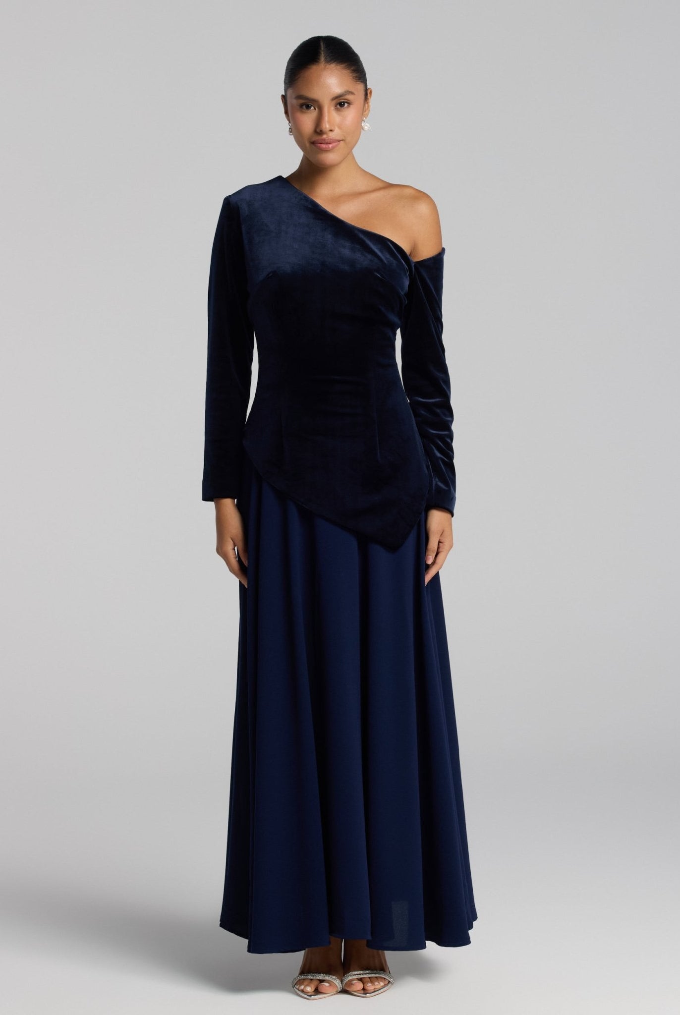 Navy Asymmetric Velvet and Crepe A - Line Dress - shopaleena
