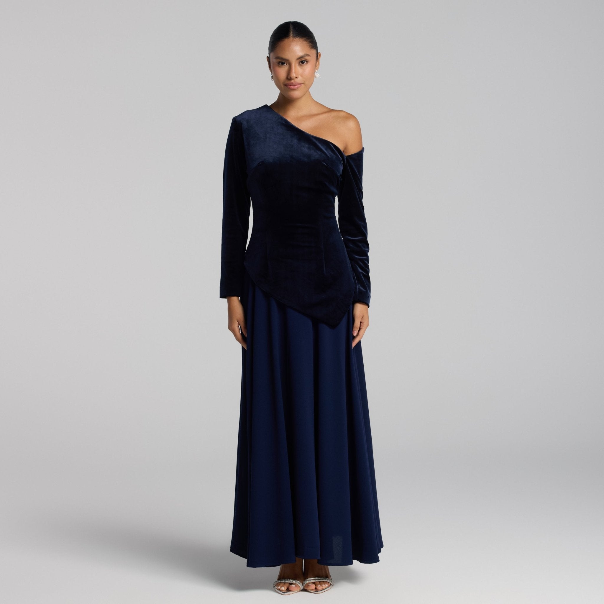 Navy Asymmetric Velvet and Crepe A - Line Dress - shopaleena
