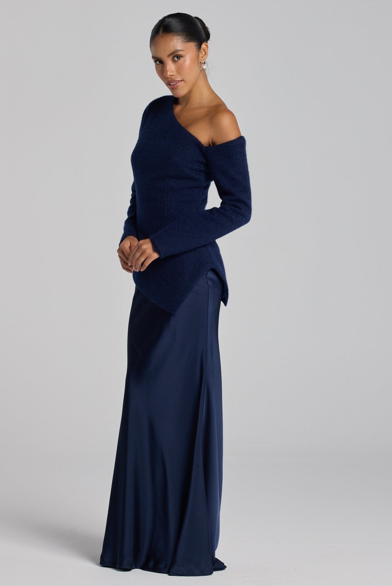 Navy Asymmetric Velvet and Crepe A - Line Dress - shopaleena
