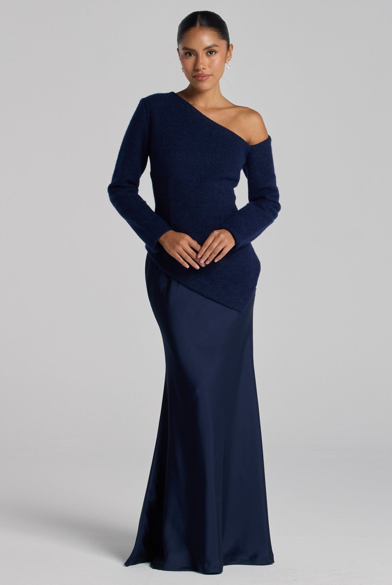Navy Asymmetric Velvet and Crepe A - Line Dress - shopaleena