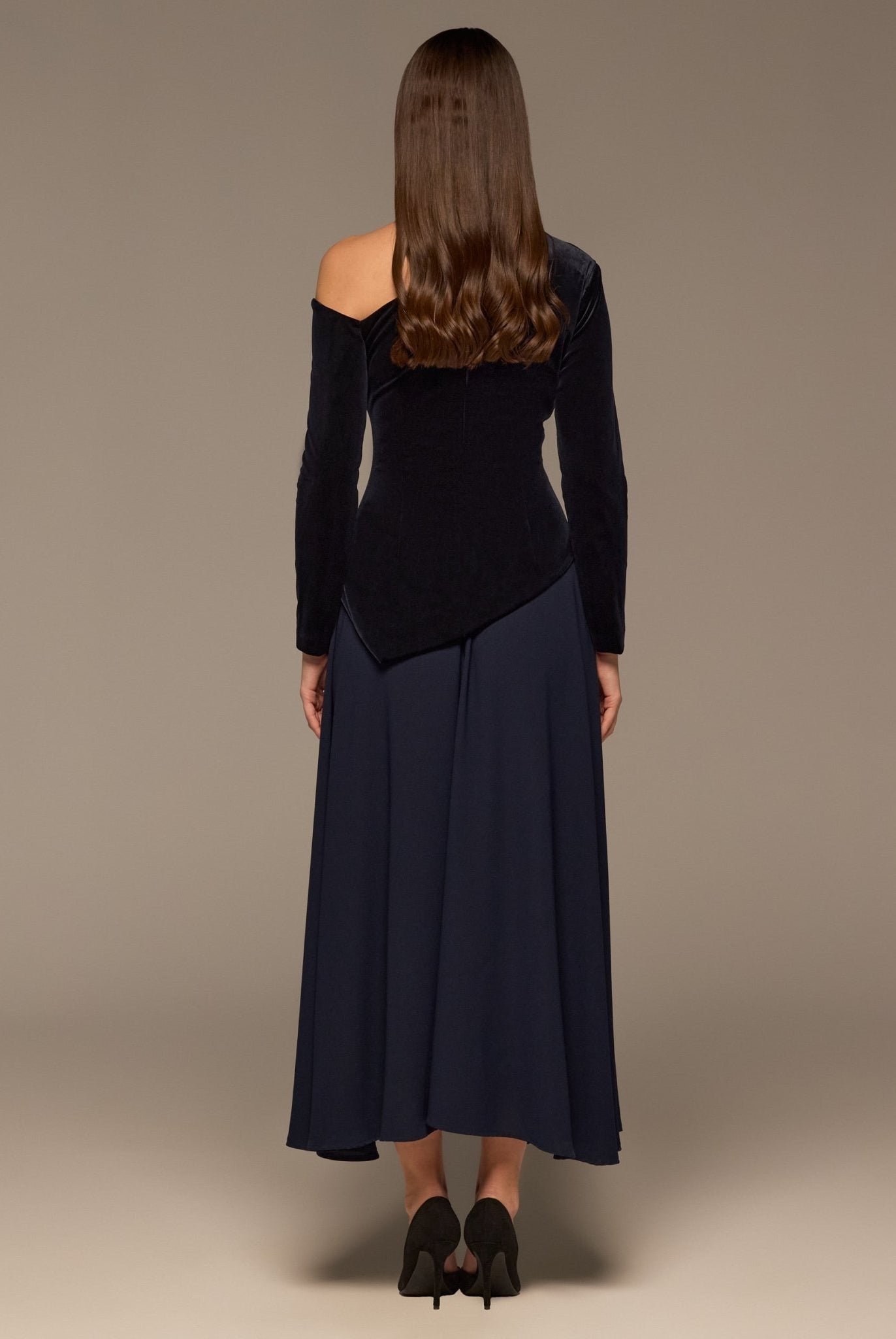 Navy Asymmetric Velvet and Crepe A - Line Dress - shopaleena