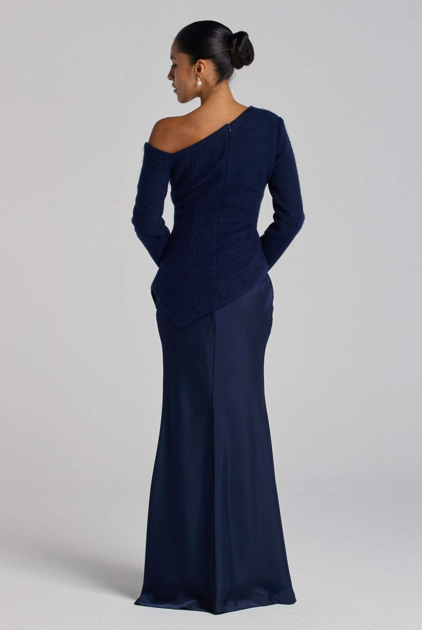 Navy Asymmetric Velvet and Crepe A - Line Dress - shopaleena
