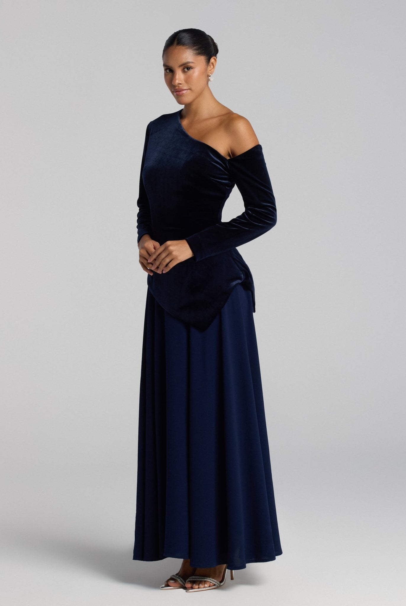 Navy Asymmetric Velvet and Crepe A - Line Dress - shopaleena