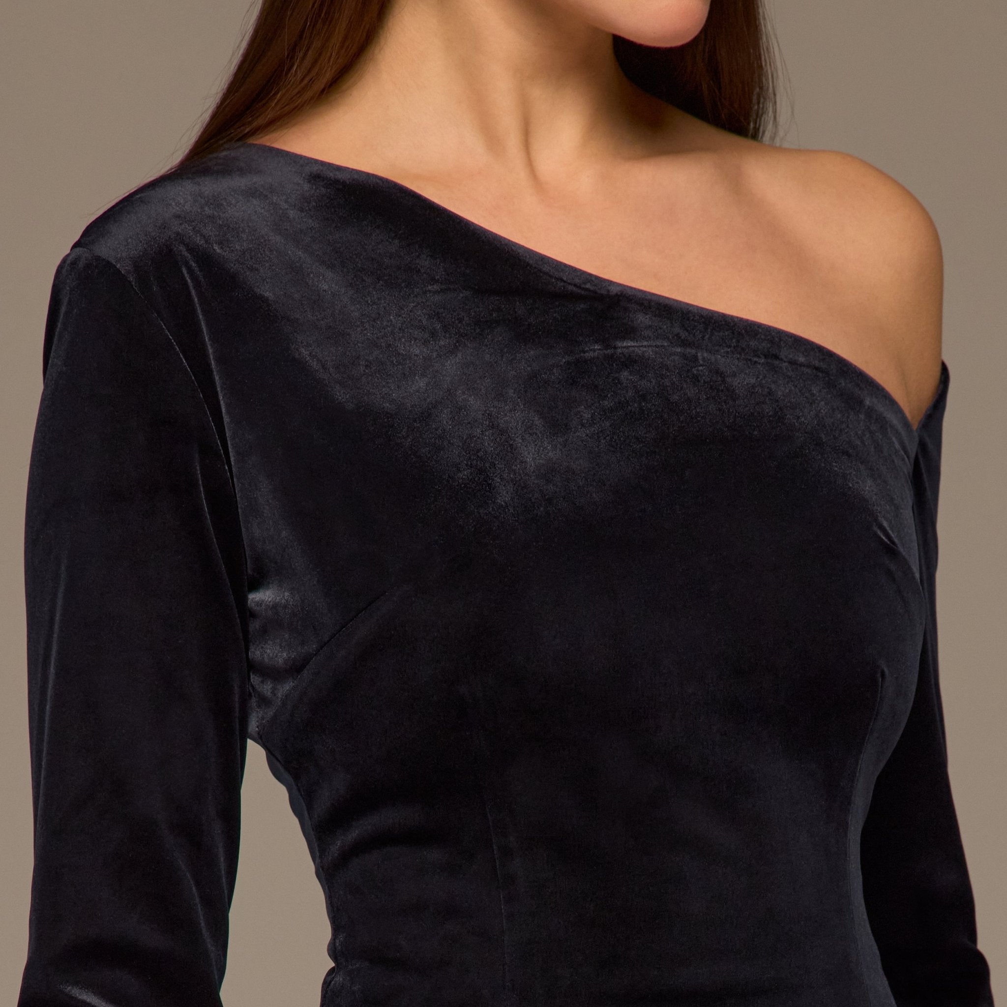 Navy Asymmetric Velvet and Crepe A - Line Dress - shopaleena