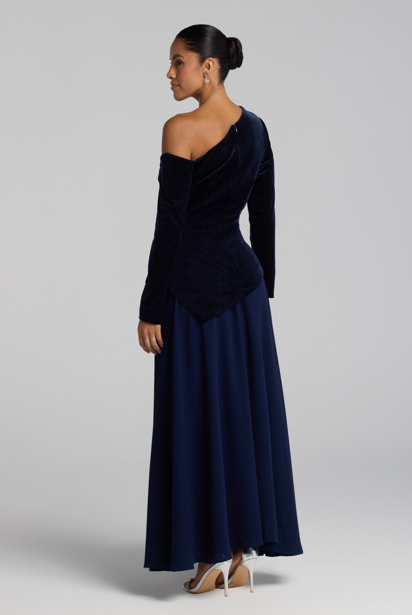 Navy Asymmetric Velvet and Crepe A - Line Dress - shopaleena