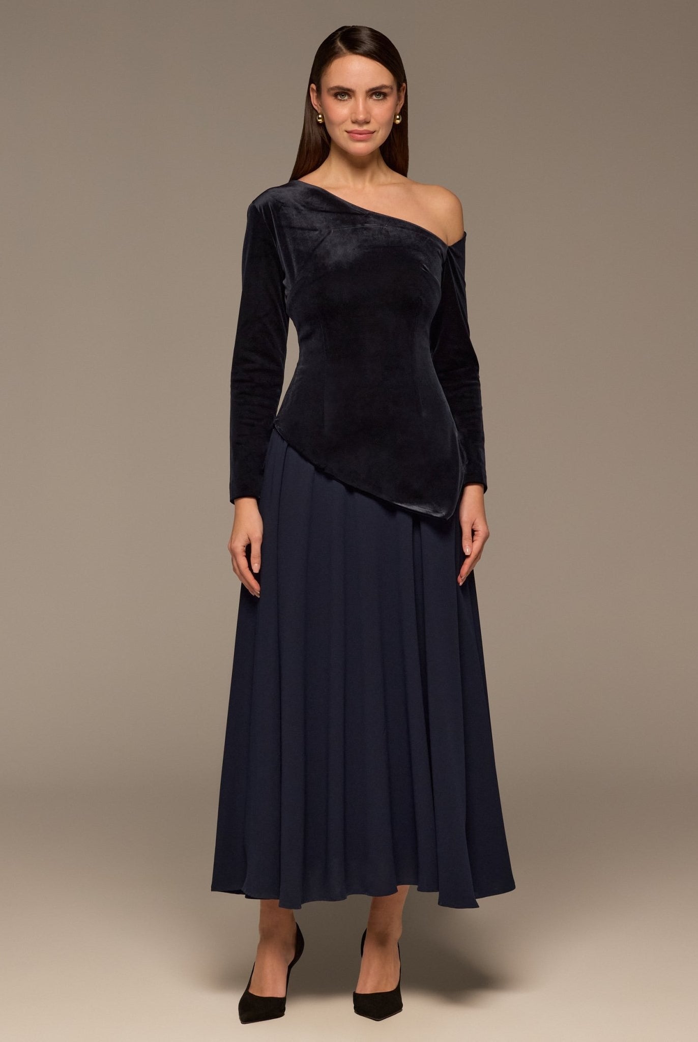 Navy Asymmetric Velvet and Crepe A - Line Dress - shopaleena