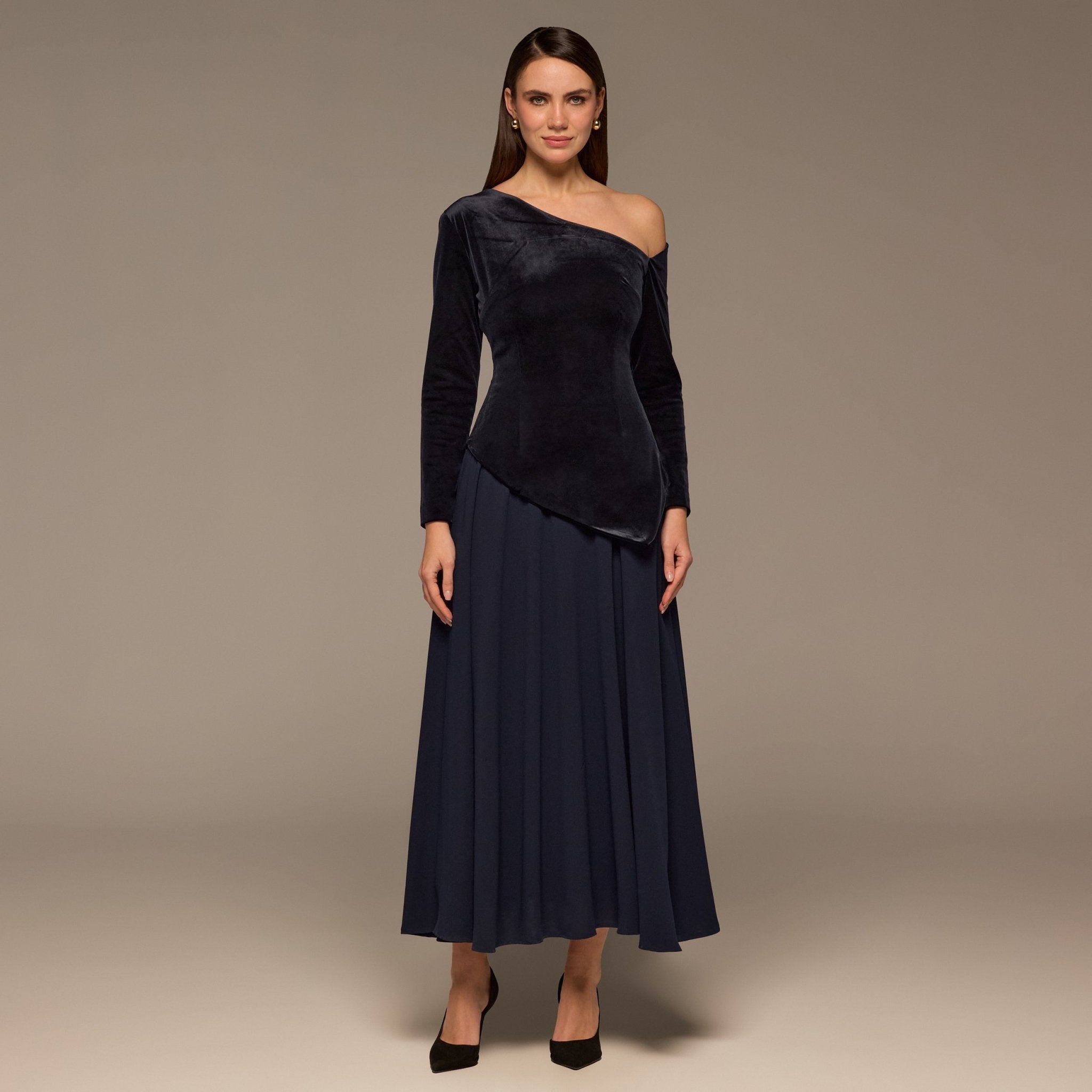 Navy Asymmetric Velvet and Crepe A - Line Dress - shopaleena