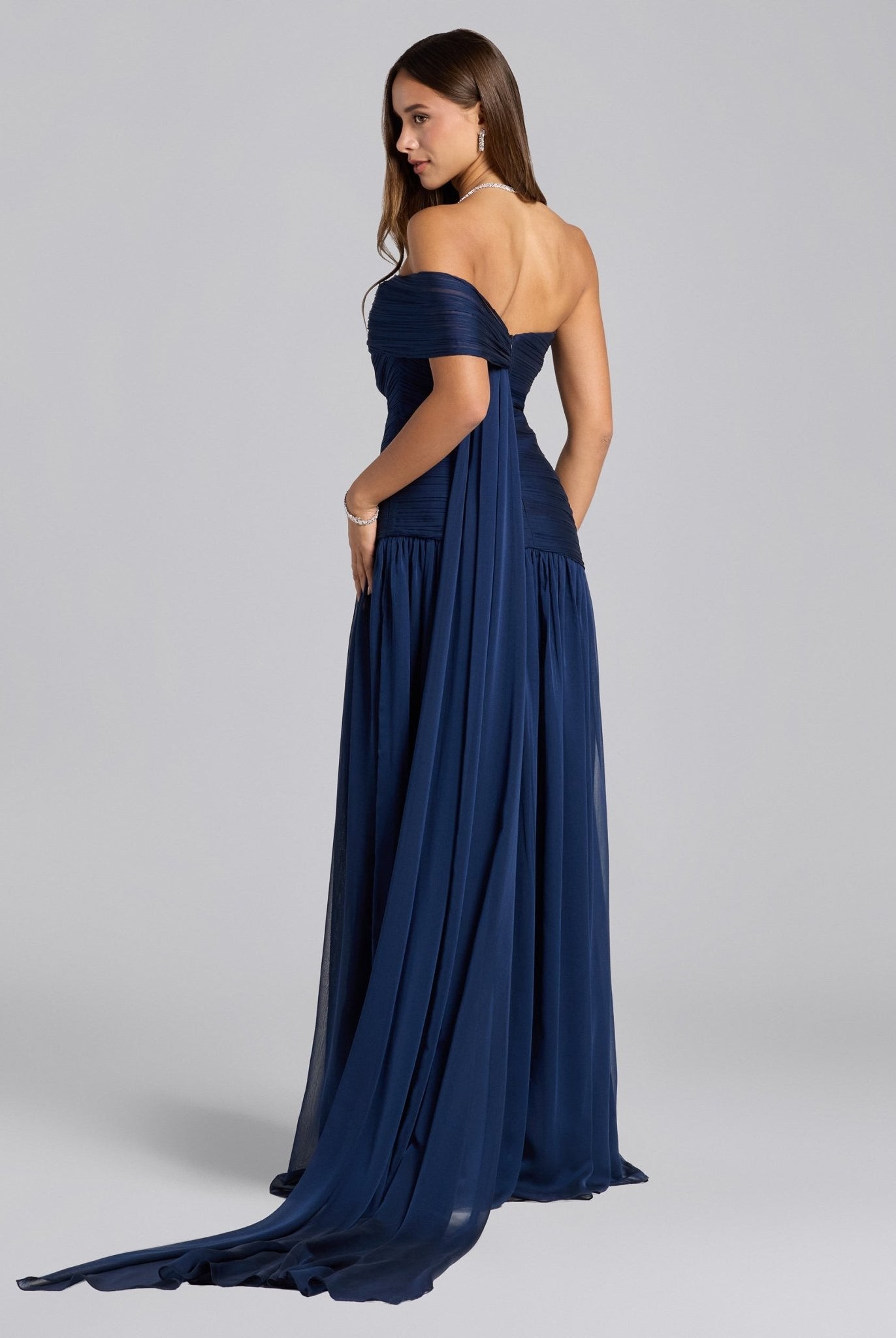 Navy Chiffon Ruched Gown with Back Scarf - shopaleena