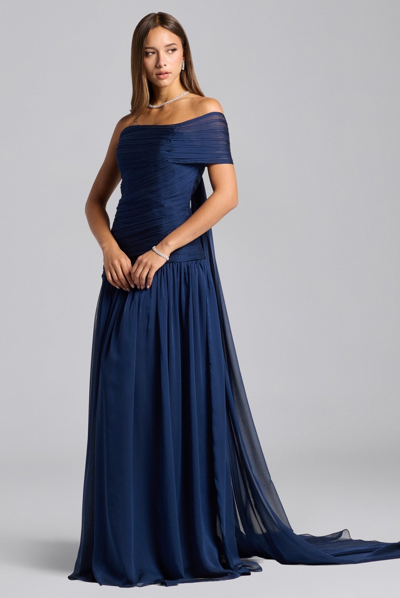 Navy Chiffon Ruched Gown with Back Scarf - shopaleena